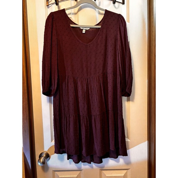 Speechless Dresses & Skirts - Speechless Brown Clip Dot Tiered Babydoll Mini Dress V-Neck 3/4 Sleeve Small